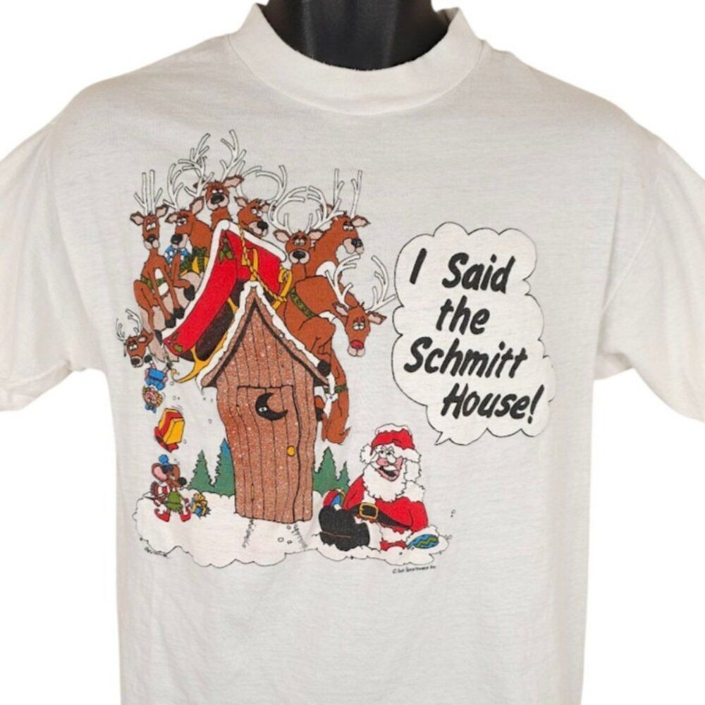 Vintage Christmas T Shirt Mens Size Medium White 80s Santa Claus Cartoon Funny
